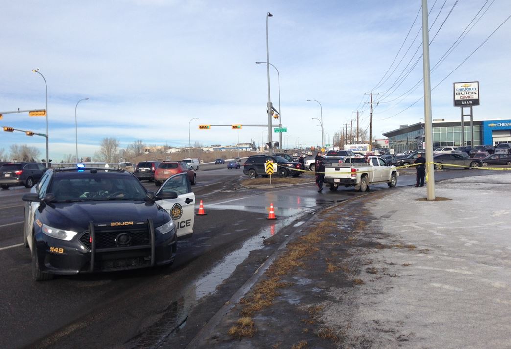 Police tape cordons off a section of the intersection of Blackfoot Trail and 46 Avenue S.E. on Thursday, Jan. 28, 2016 after a pedestrian was hit.