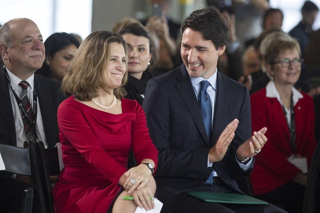 Prime Minister Justin Trudeau sits next to Foreign Affairs Minister Chrystia Freeland, who has taken a key role in the NAFTA renegotiation. The newly agreed upon TPP trade deal could make those negotiations more difficult, new analysis by the federal government has determined.