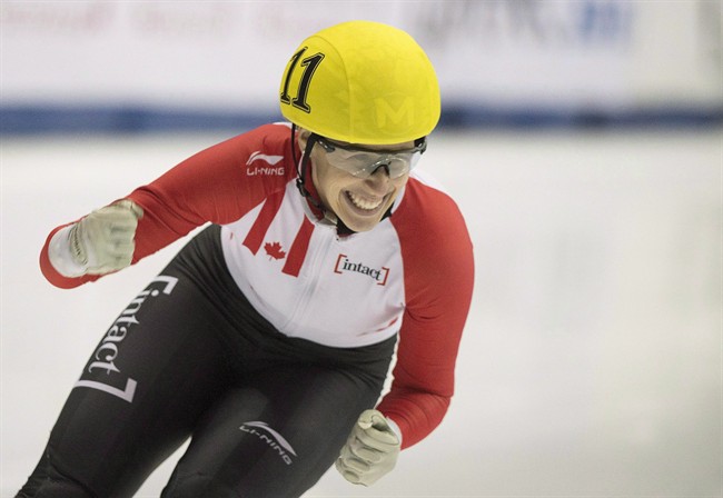 Marianne St-Gelais from Canada celebrates after winning the women's 500-metre final race at the ISU World Cup short-track speedskating competition in Montreal on Nov. 1, 2015. St-Gelais announced she will not be taking part in the 2018 Olympic trials after a fall earlier this week. Saturday, Aug. 12, 2017.