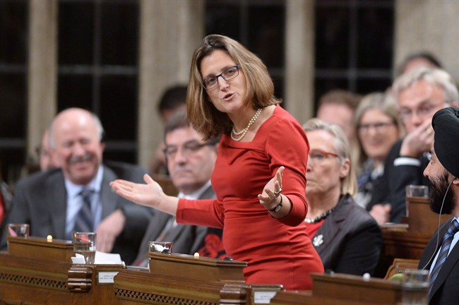 International Trade Minister Chrystia Freeland answers a question during Question Period in the House of Commons in Ottawa.