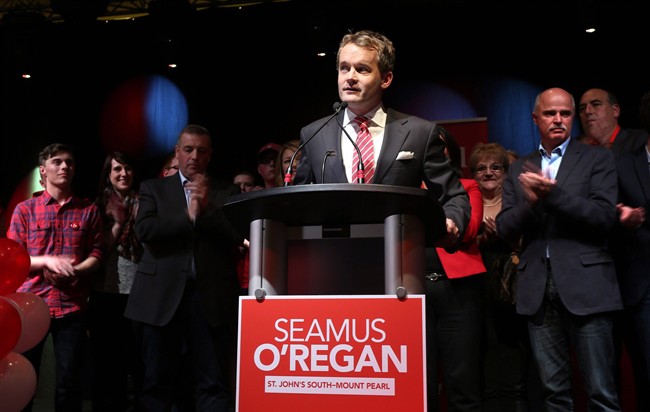 Seamus O'Regan, flanked by supporters, makes his acceptance speech at the Delta Hotel in downton St. John's following his win in the district of St. John's South on October 19, 2015.