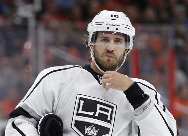 This is an Oct. 28, 2014, file photo showing Los Angeles Kings' Mike Richards during the first period of an NHL hockey game against the Philadelphia Flyers in Philadelphia.