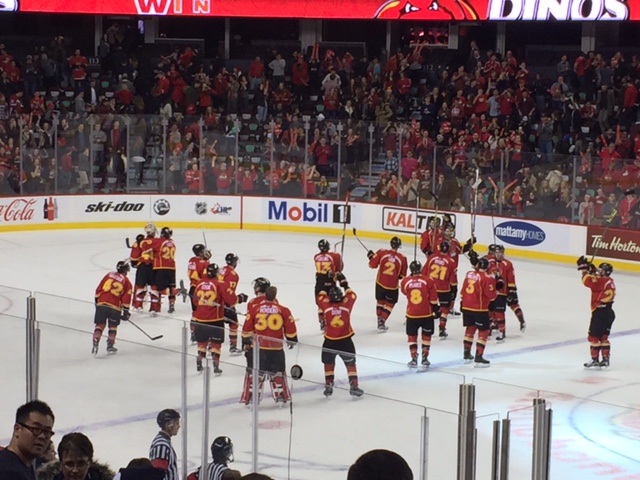 The Calgary Dinos men's hockey team defeats the Mount Royal Cougars 2-1 in double overtime.