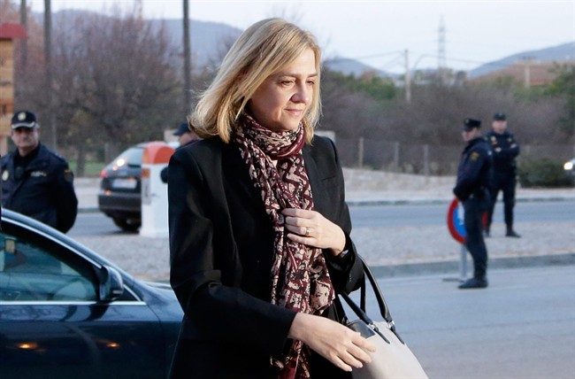 FILE - In this Monday, Jan. 11, 2016, file photo, Spain's Princess Cristina arrives at a makeshift courtroom for a corruption trial, in Palma de Mallorca, Spain. A court official says Spain’s Princess Cristina has lost her bid to avoid being tried for tax fraud in a corruption trial that also ensnared her husband and 16 others. The official says a panel of judges rejected Cristina’s argument that she should not be tried because a prosecutor recommended she face at most administrative fines. (AP Photo/Emilio Morenatti, File).