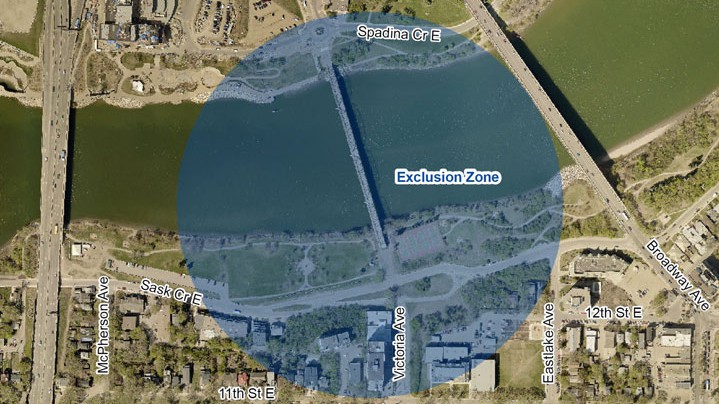 The blue circle indicates the area that will be blocked off to traffic. People are asked to stay indoors if they live inside the 250-metre radius.