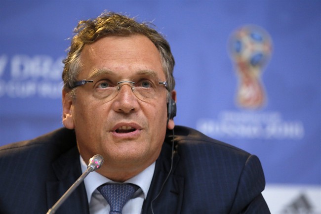 FILE - In this Friday, July 24, 2015 file photo, FIFA Secretary General Jerome Valcke attends a press conference near Constantine (Konstantinovsky) Palace in St. Petersburg, Russia, on the eve of the Preliminary draw for the 2018 World Cup in Russia. . FIFA said Wednesday, Jan. 13, 2016 that Valcke was dismissed. (AP Photo/Dmitry Lovetsky, File).