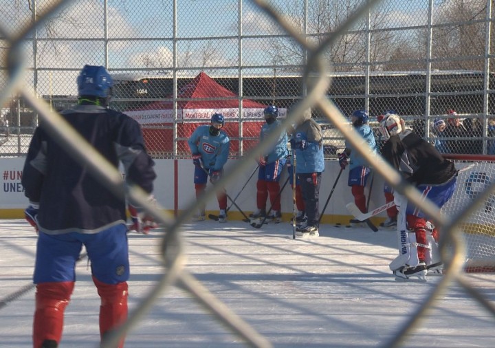 The Montreal Canadiens gather for a rare outdoor practice at the foundation's seventh outdoor ice rink at Parc Émile in Laval, Monday, January 11, 2016.