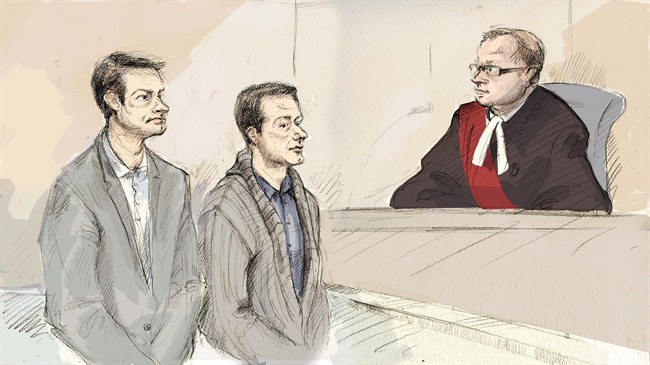 Dellen Millard (left) and Mark Smich appear in court in front of Justice Andrew J. Goodman in Hamilton, Ont. on Monday, Jan.18, 2016. 