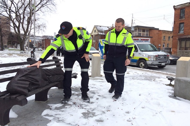The "Homeless Jesus" statue in Hamilton, Ont. has been mistaken for a real person following a cold weather alert this week.