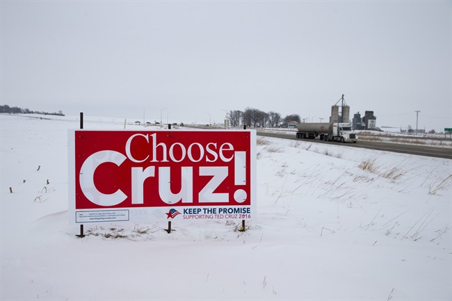 A sign supporting Republican presidential candidate Sen. Ted Cruz, R-Texas, sits on the side of the highway on Friday, Jan. 22, 2016, in Orange City, Iowa. 