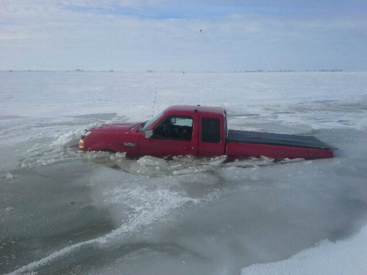 A truck fell through the ice on Last Mountain Lake on Jan. 26. The male driver was able to exit the vehicle and walk to the shore.