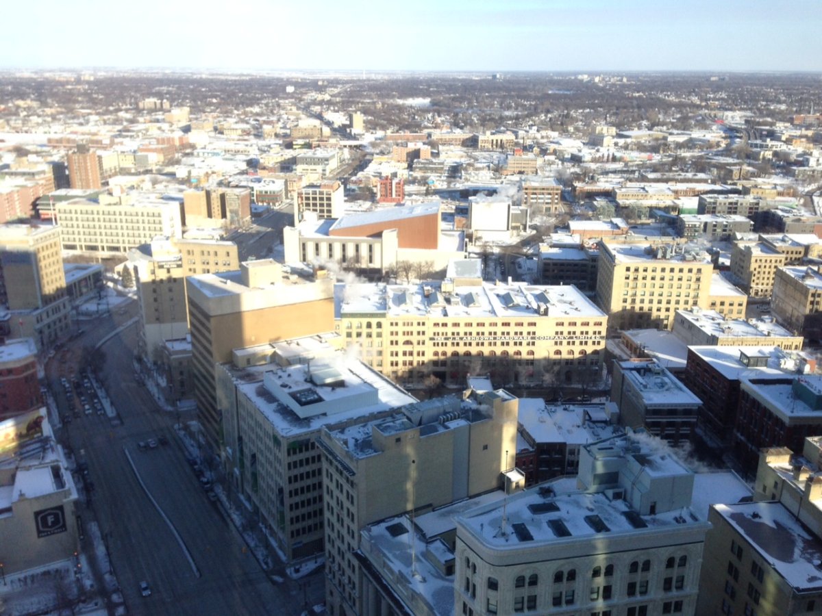 An aerial view of a chilly morning in the Exchange District.