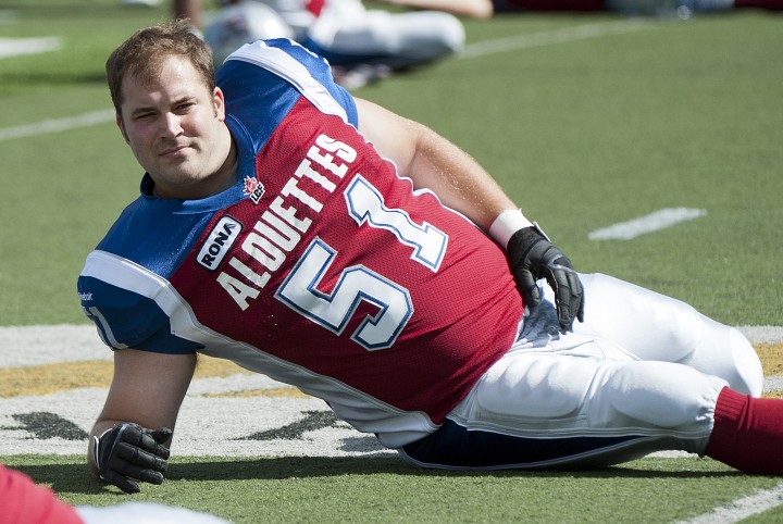 Montreal Alouettes' Kristian Matte warms up prior to a CFL football game against the Toronto Argonauts in Montreal, Sunday, September 23, 2012.