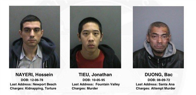 This image provided by the Orange County, Calif., Sheriff's Department on Saturday, Jan. 23, 2016, shows three jail inmates charged with violent crimes who escaped from the Central Men's Jail in Santa Ana, Calif. The men from left are, 37-year-old Hossein Nayeri, charged with kidnapping and torture; 20-year-old Jonathan Tieu, who is charged with murder, and 43-year-old Bac Duong, charged with attempted murder.