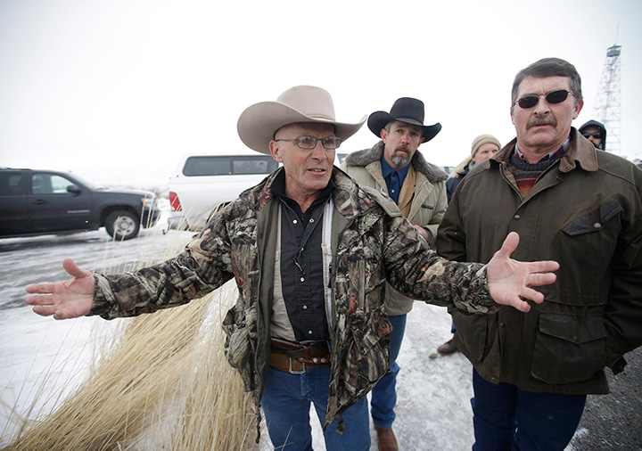 In this Jan. 9, 2016 file photo, LaVoy Finicum, a rancher from Arizona, speaks to the media after members of an armed group arrive at the at the Malheur National Wildlife Refuge near Burns, Ore.