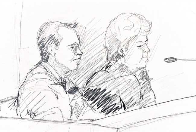 This is an artist's impression of a Swedish doctor left, appearing in court in Stockholm Monday Jan. 25, 2016.
