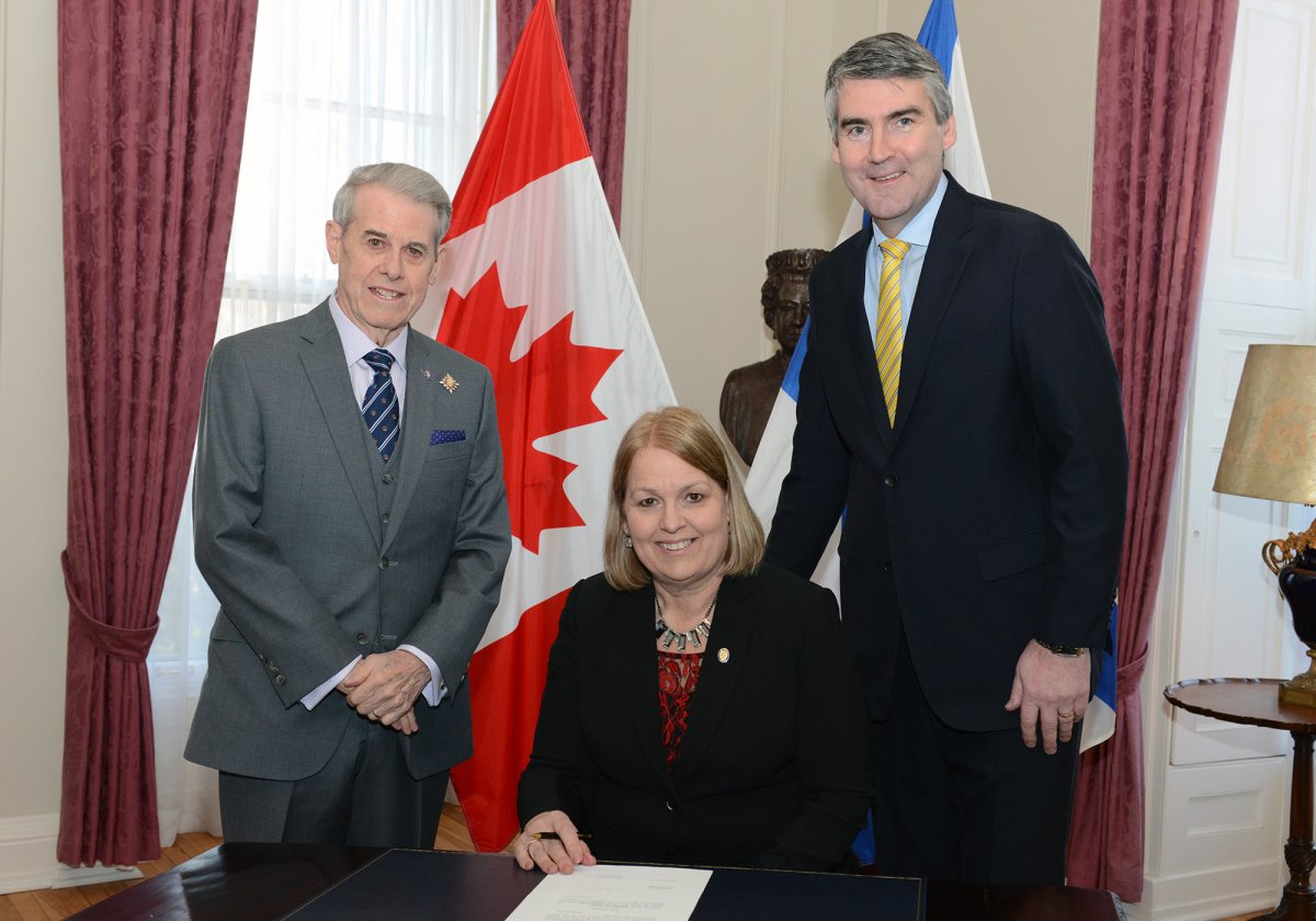Envoronment minister Margaret Miller is pictured here with Premier Stephen McNeil and Lt.-Gov J.J Grant. 