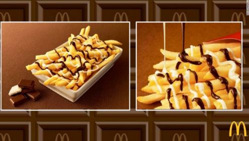McDonald's Japan's McChoco Potato features their famous french fries doused in white and milk chocolate. 