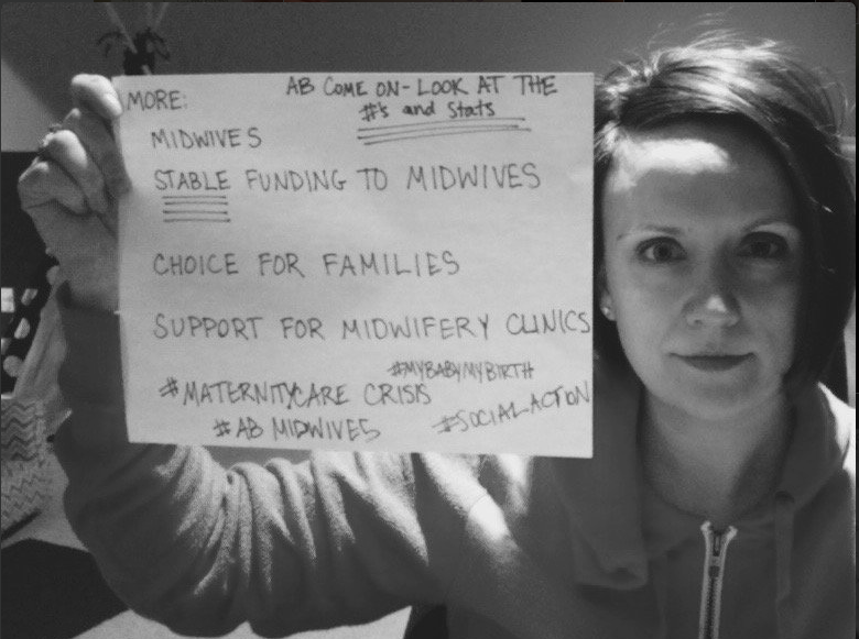 A photo from a Twitter campaign requesting more funding for midwives from Alberta Health Services.