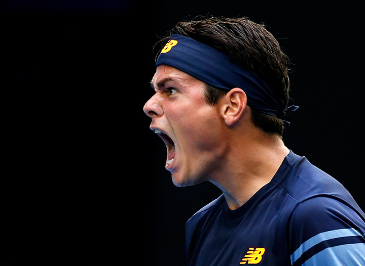 Canada’s Milos Raonic celebrates after defeating Stan Wawrinka of Switzerland in their fourth round match at the Australian Open in Melbourne on Monday, Jan. 25, 2016. 
