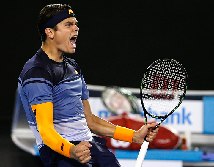 Canada’s Milos Raonic celebrates after defeating Gael Monfils of France in their quarterfinal match at the Australian Open tennis championships in Melbourne on Wednesday, Jan. 27, 2016. 