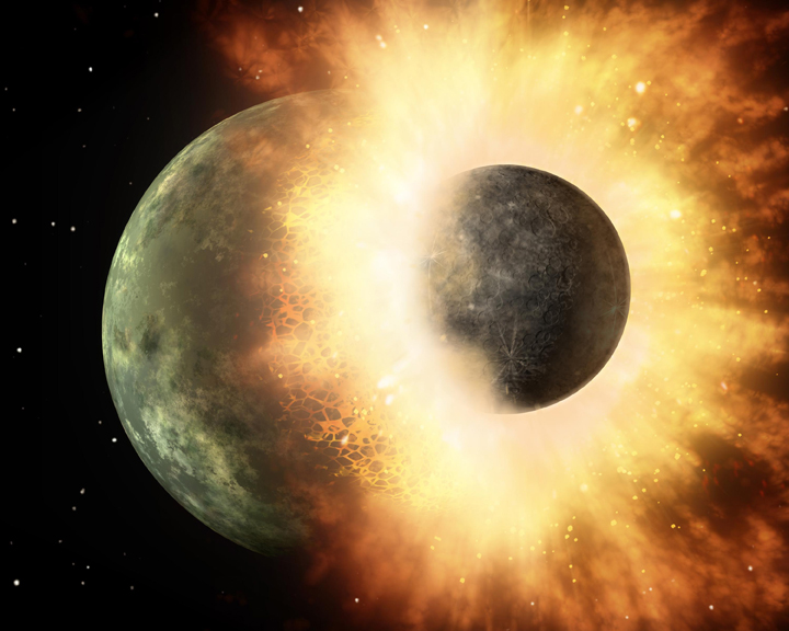 Astronomers believe that our moon was formed in a head-on collision with another large celestial body.