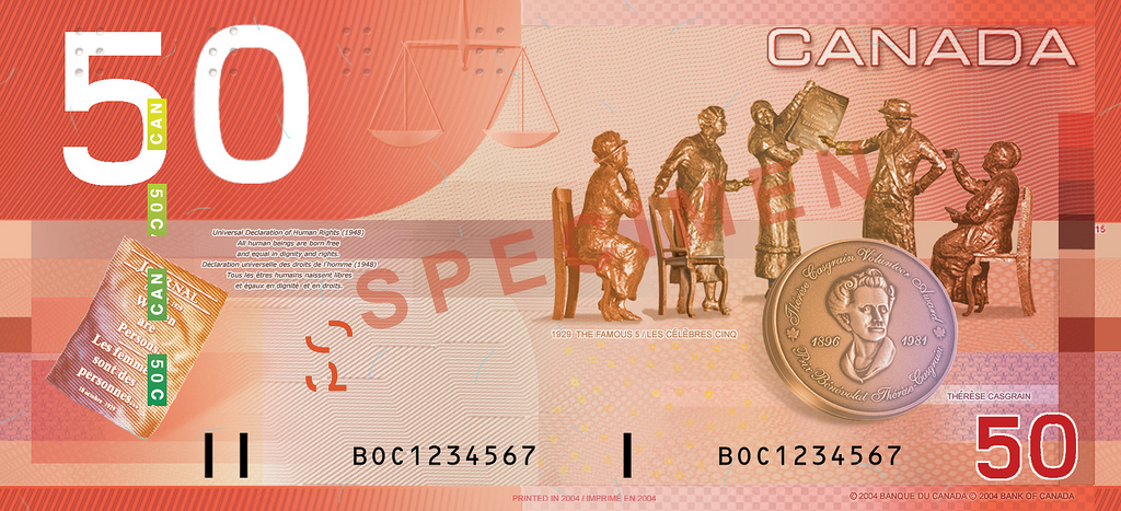 The former $50 bill featuring prominent women from Canadian history.