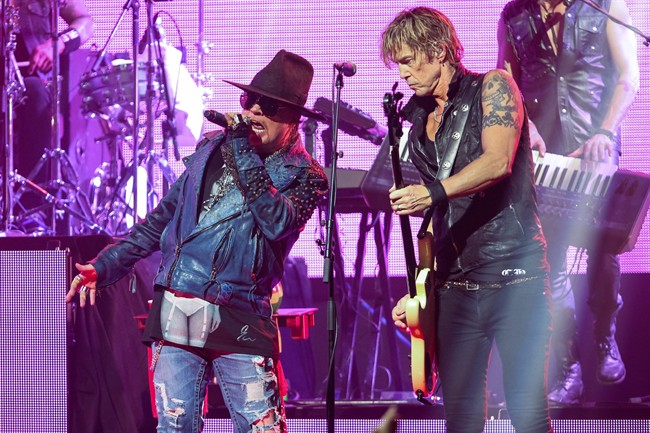 Axl Rose, left, and Duff McKagan of Guns N' Roses perform at the 6th Annual Revolver Golden Gods Award Show in Los Angeles.