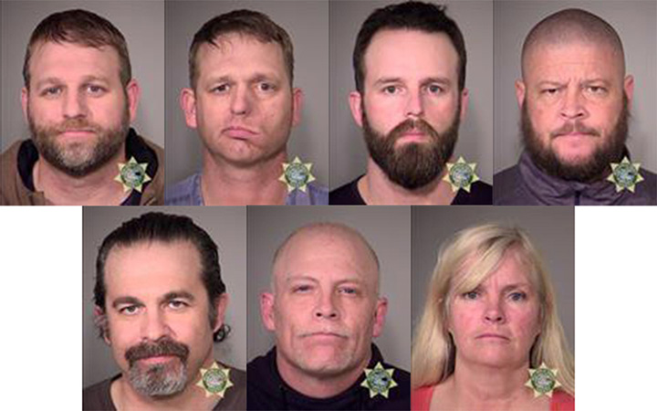 In this composite with handout images provided by the Multnomah County Sheriff’s Office, suspects (Top L) Ammon Bundy, Ryan Bundy, Ryan Waylen Payne, Brian Cavalier, (Bottom L) Peter Santilli, Joseph Donald OShaughnessy , and Shawna Cox pose for a mugshot after being arrested by U.S. Marshalls January 26, 2016 in Oregon.