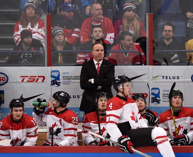 Team Canada looks towards the ice during a World Junior Hockey Championship game in Finland on January 2, 2016.