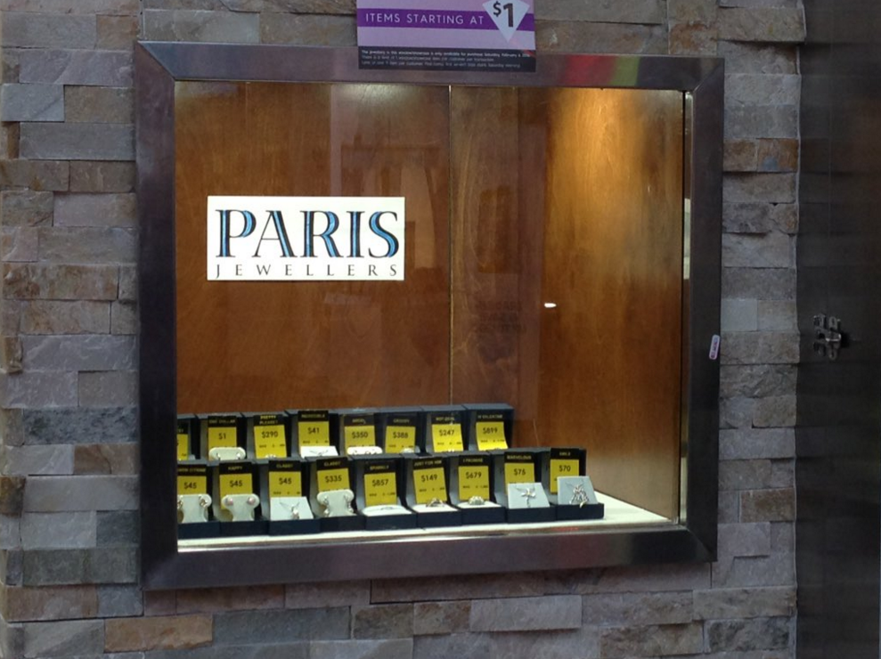 The glass has been repaired on this display case at Paris Jewellers in Penticton after an attempted robbery on Friday that saw the case smashed open.