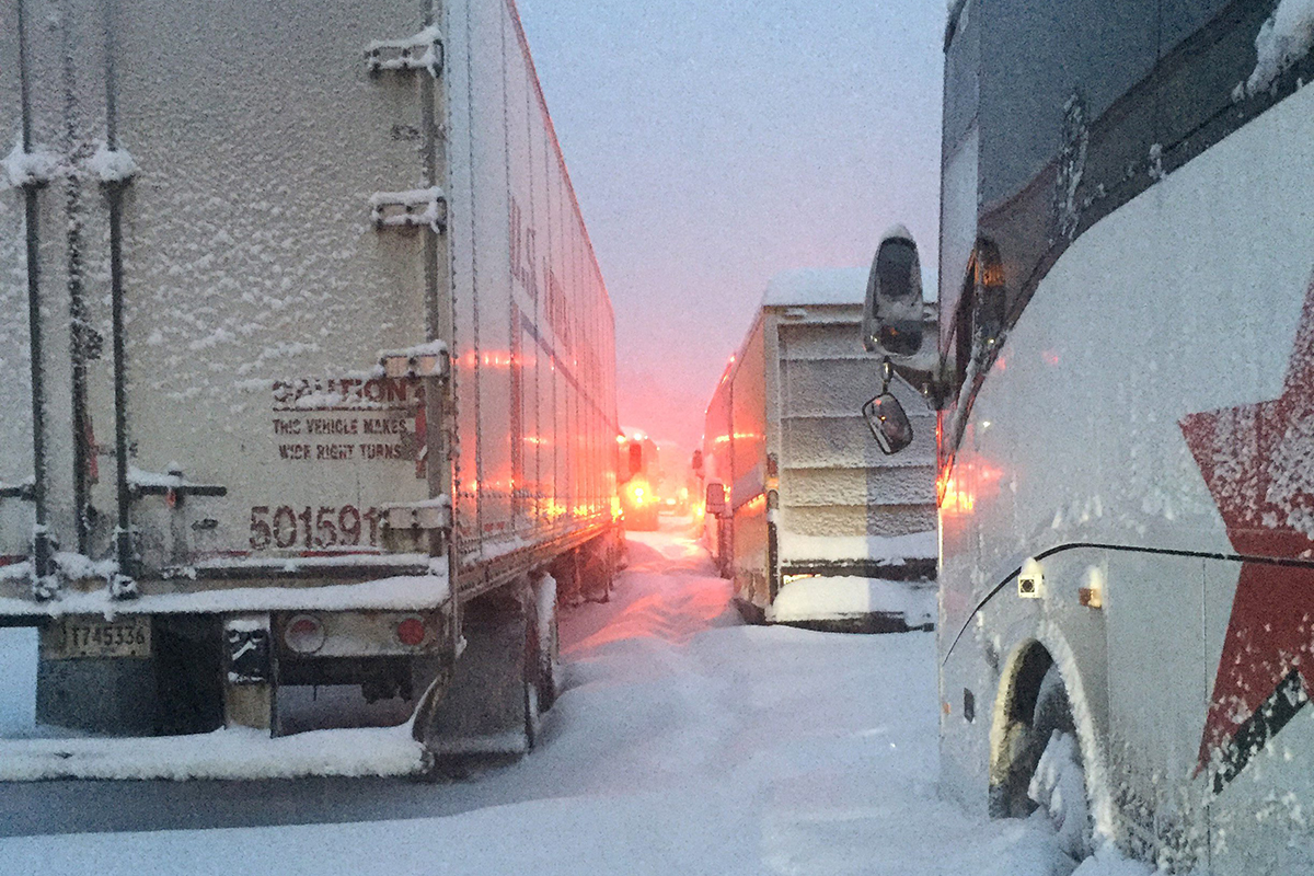 In this photo provided by Dave Saba, traffic is at a standstill on the Pennsylvania Turnpike near Somerset, Pa., Saturday, Jan. 23, 2016.  