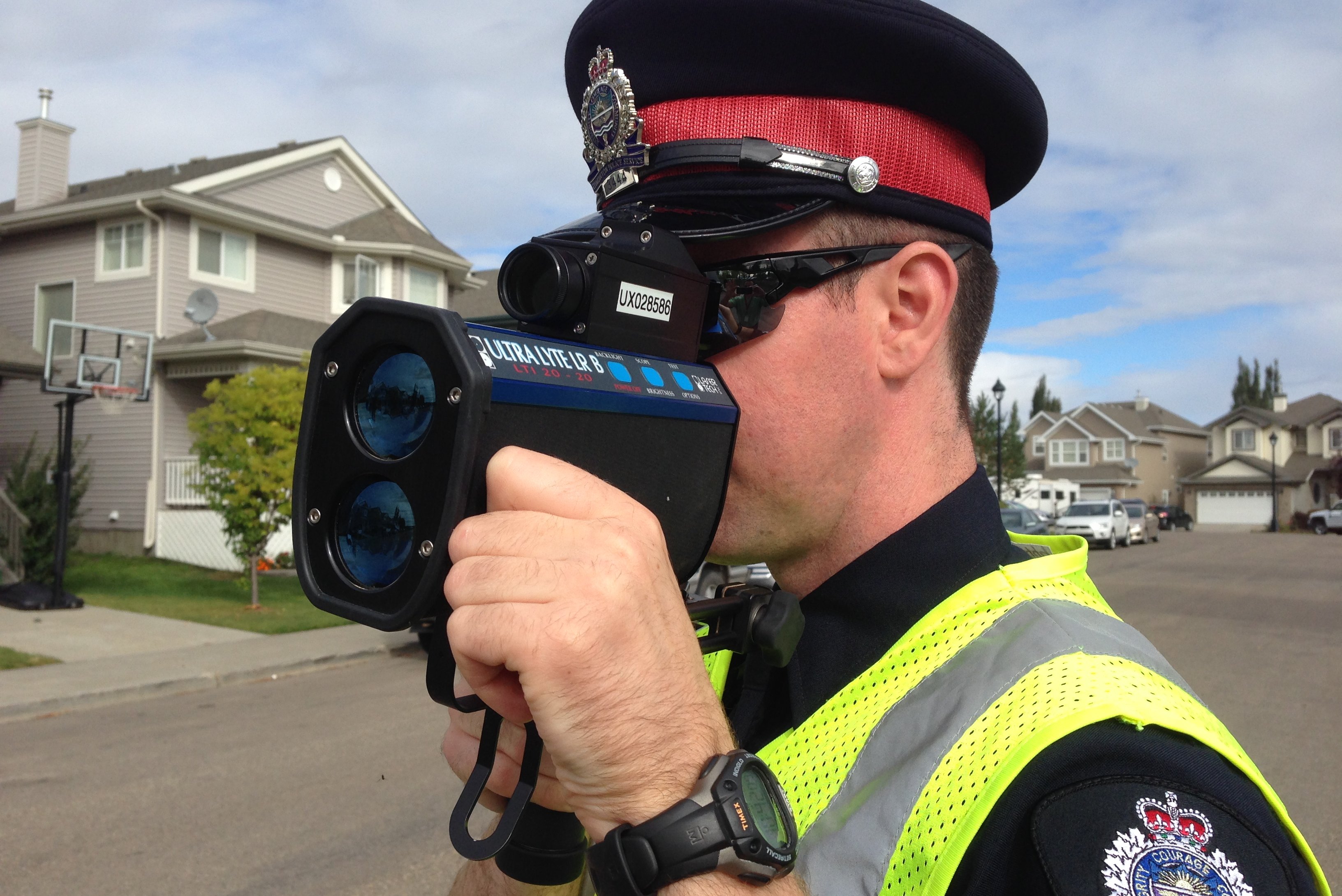 An Edmonton Police Service officer conducting photo radar speed enforcement. 