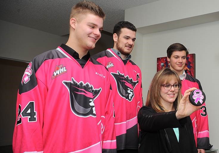 The Edmonton Oil Kings show off their pink jerseys ahead of  the 2016 Pink in the Rink night.