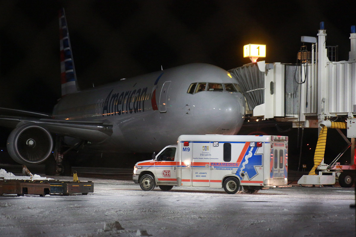 An ambulance departs St. John's International Airport on Sunday, January 24, 2016. 