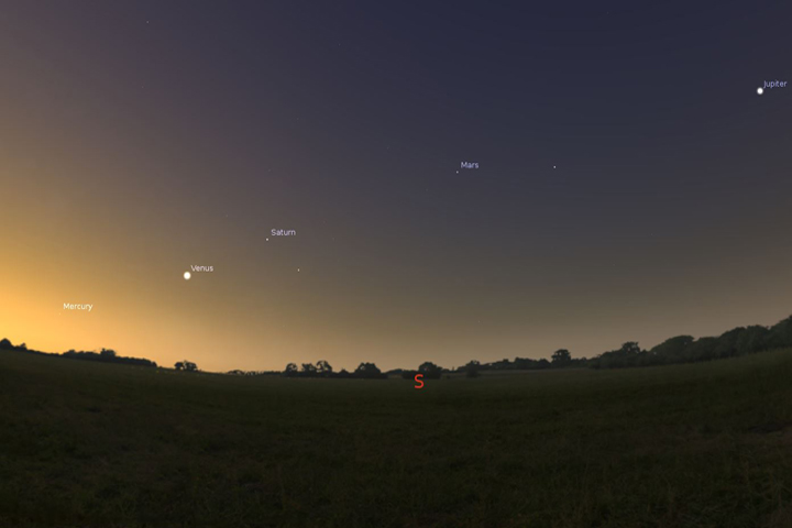 Using planetarium software Stellarium, this illustration depicts the location of the five planets in the early morning of Jan. 20, 2016.