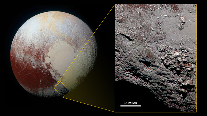 The region of Wright Mons, imaged by NASA's New Horizons spacecraft on July 14, 2015, is seen here.