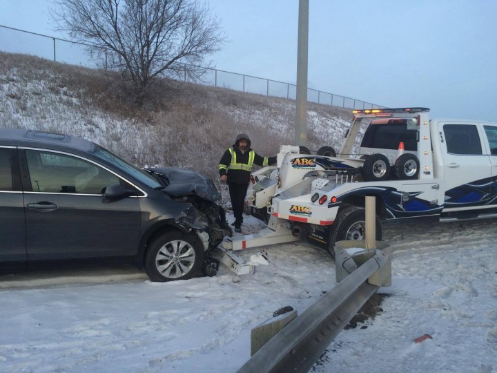 A three-vehicle collision on Ring Road has sent one woman to hospital with injuries.