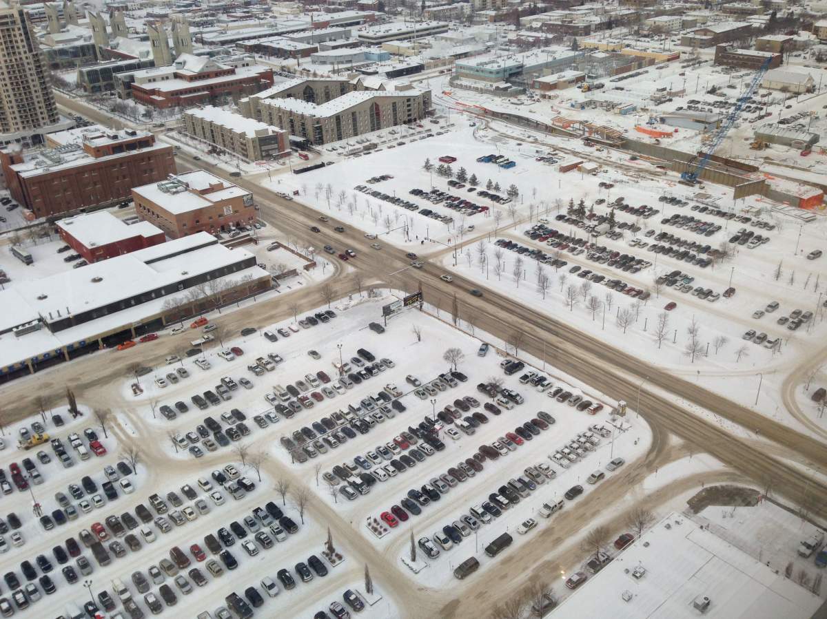 Plot of land in the area of 104 Avenue between 101 Street and 104 Street, January 2013.