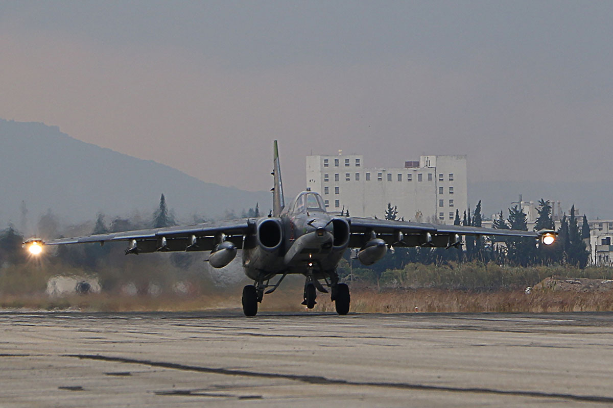 A Russian Sukhoi Su-34 bomber lands at the Russian Hmeimim military base in Latakia province, in the northwest of Syria, on December 16, 2015.