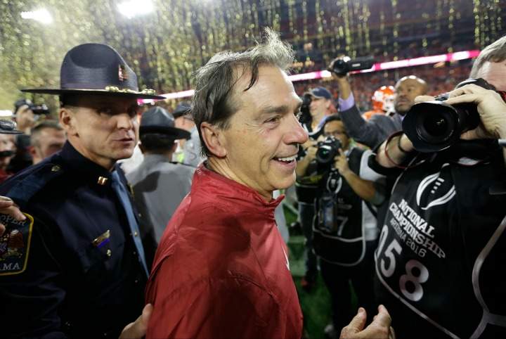 Alabama head coach Nick Saban after the NCAA college football playoff championship game Monday, Jan. 11, 2016, in Glendale, Ariz. Alabama won 45-40. 