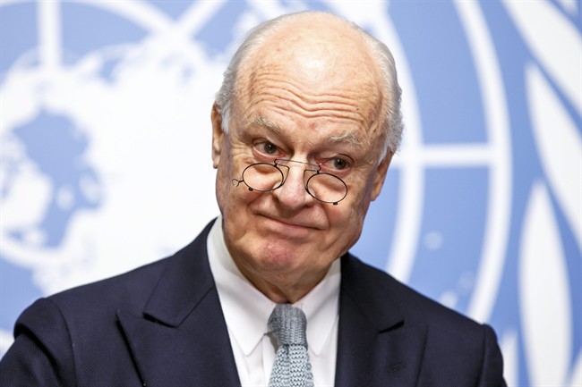 UN Special Envoy of the Secretary-General for Syria Staffan de Mistura informs the media on the Intra-Syrian Talks, during a press conference, at the European headquarters of the United Nations in Geneva, Switzerland, Monday, Jan. 25, 2016. (Salvatore Di Nolfi/Keystone via AP).