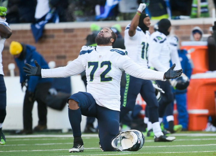 Seattle Seahawks defensive end Michael Bennett celebrates after Minnesota Vikings kicker Blair Walsh missed a game winning 27 yard field goal Minnesota in the final seconds of the second half of the NFC Wild Card Playoff game in Minneapolis, Minnesota, USA, 10 January, 2016. Seattle wins 10-9. 