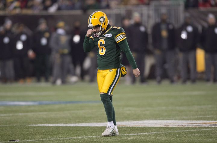 Edmonton Eskimos' Sean Whyte reacts during the second half of the 103rd Grey Cup in Winnipeg, Man. Sunday, Nov. 29, 2015. 