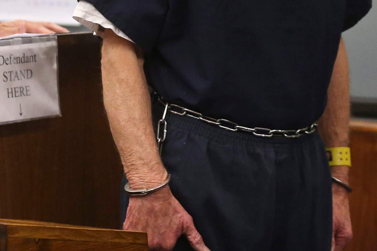 Frank John Selas shackled hands rest at his side as he is arraigned Wednesday, Jan. 27, 2016, in San Diego. Salas who once hosted a children's show on local television under the name "Mr. Wonder" was arrested on charges he sexually abused children during a camping retreat nearly four decades ago.