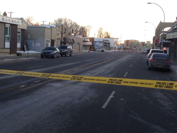 Police shut down 111 Avenue between 92 Street and 94 Street to investigate a fatal shooting. January 1, 2016.