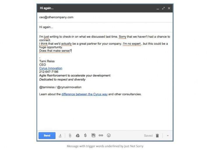A example of the Just Not Sorry! plug-in for Google Chrome.