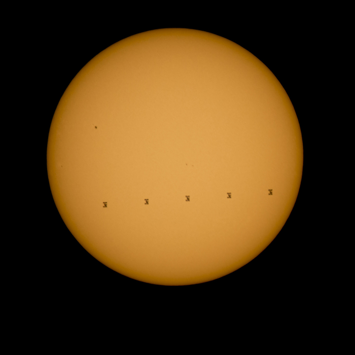 This composite of five images was taken on Sept. 6, 2015, as the International Space Station crossed (transited) the sun.