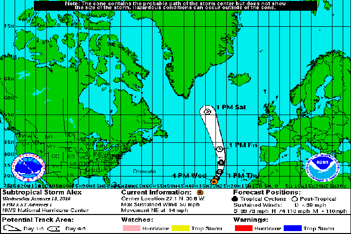 The projected path of Subtropical Storm Alex.