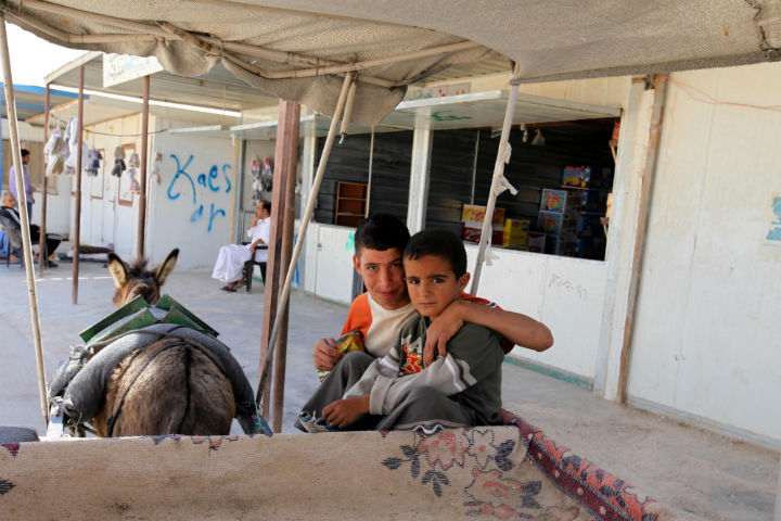 Syrian children pose for a photo at the Zatari Syrian Refugee Camp, near Mafraq city, Jordan, on Sept. 19  2015. 